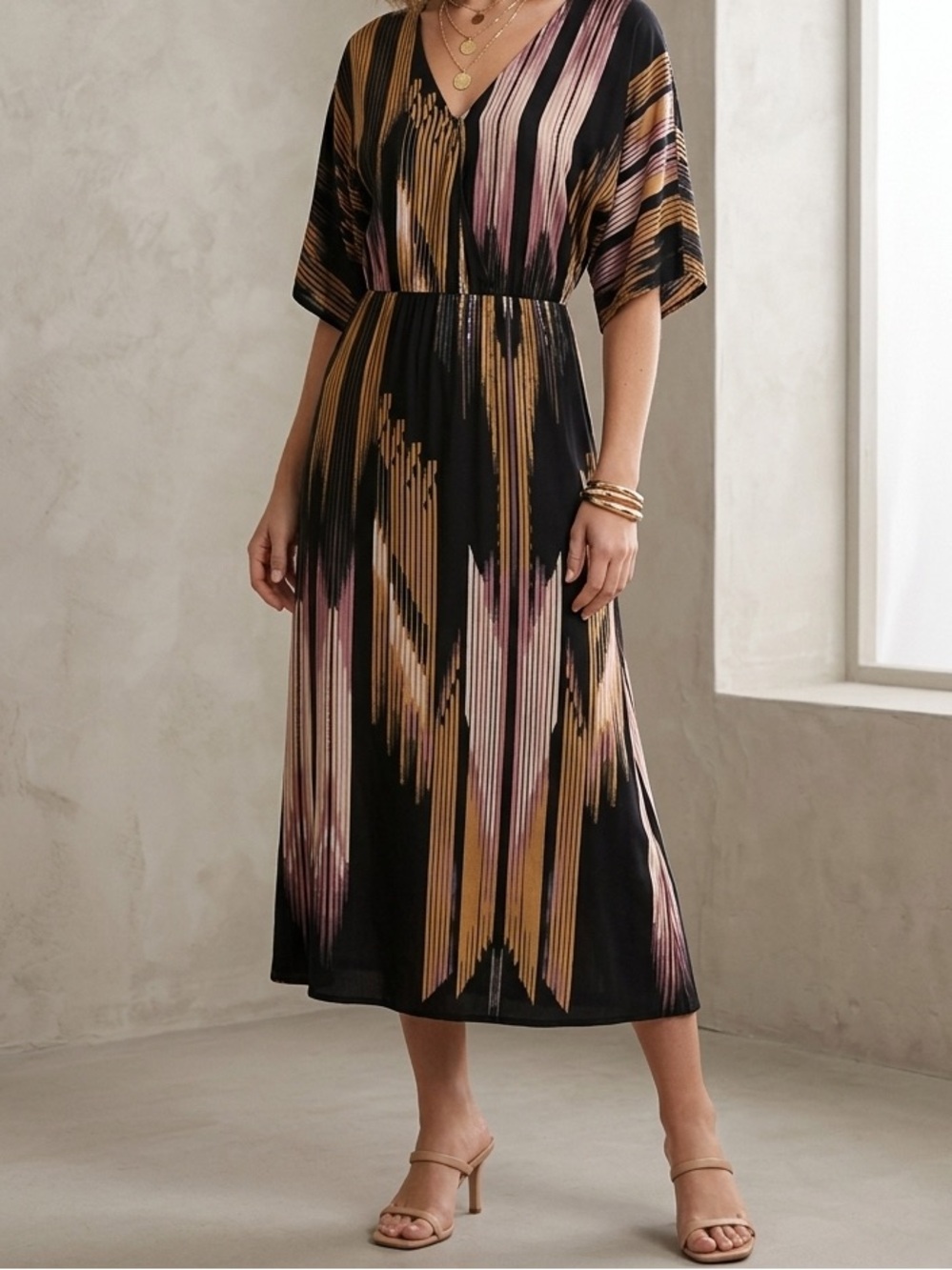 Bohemian Multi Color Geometric Print V-Neck Elastic Cinched Waist Midi Dress  XS